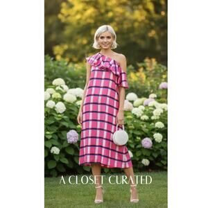 Paper London Chi Chi Silk One Shoulder Midi Dress 2 Pink Plaid NWT